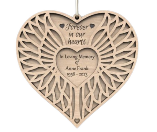 Laser Cut Wood Ornament Memorial Heart Wings