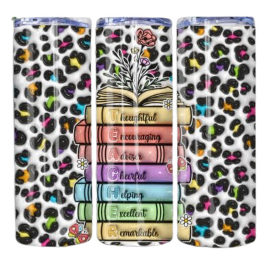 3D Teacher Leopard Book Stack Sublimation Tumbler