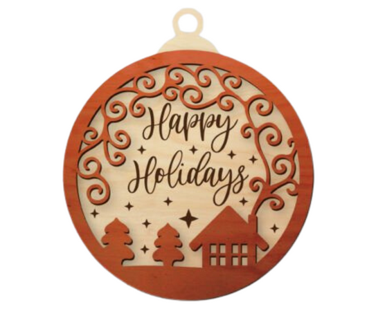 Wood Ornament Happy Holidays Home